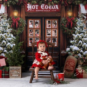 Hot Cocoa Store Front Christmas Backdrop for Photography, Christmas Tree Backdrop, Holiday Background, Winter Backdrop for Pictures CHS645