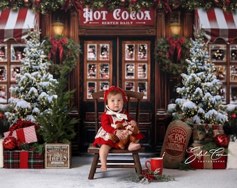 Hot Cocoa Store Front Christmas Backdrop for Photography, Christmas Tree Backdrop, Holiday Background, Winter Backdrop for Pictures CHS645