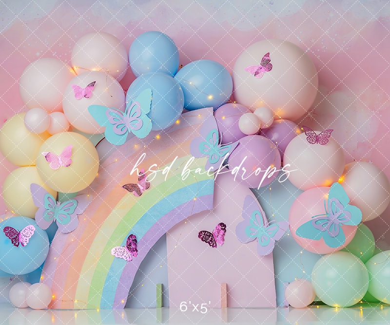 Pastel Rainbow Balloon Backdrop - Birthday Cake Smash Backdrop Girl ...