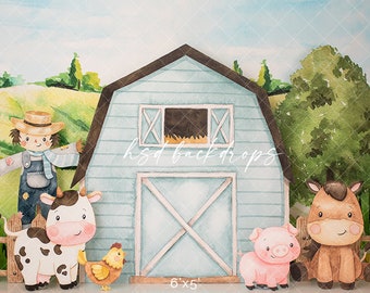 Barnyard Animals Backdrop - Printed Photography Backdrop - Barn Theme Backdrop for Birthday - Cake Smash Boy - Set Up Backdrop WHM269 CKP