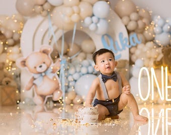 Ours en peluche arcade gâteau smash toile de fond - 1er anniversaire de mariage garçon - fond imprimé séance photo - accessoires photo - fond de studio WHM569 RPP