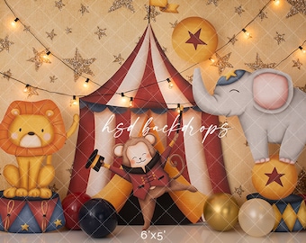 Circus Backdrop - Carnival Theme Backdrop - Cake Smash Birthday Backdrop - Circus Animals - Set Up Portrait Backdrop Printed WHM242 CKP