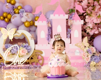 Princess Cake Smash Backdrop - Castle Birthday Backdrop - Printed Backdrops for Cake Photography - Cake Smash Background Girl WHM347 ERP