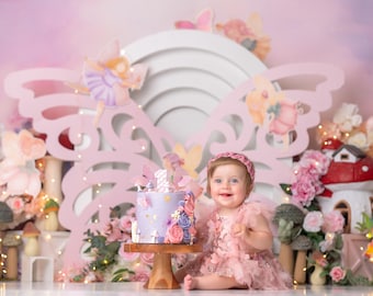 Butterfly Cake Smash Backdrop - Fairy 1st Birthday Backdrop Girl - Backdrops for Cake Photography - Cake Smash Background WHM501 LPS
