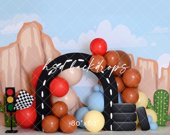 Route 66 Photography Backdrop - Boys 1st Birthday Photo Backdrop - Racing Printed Balloon Cake Smash Background Photography WHM459 CBDP