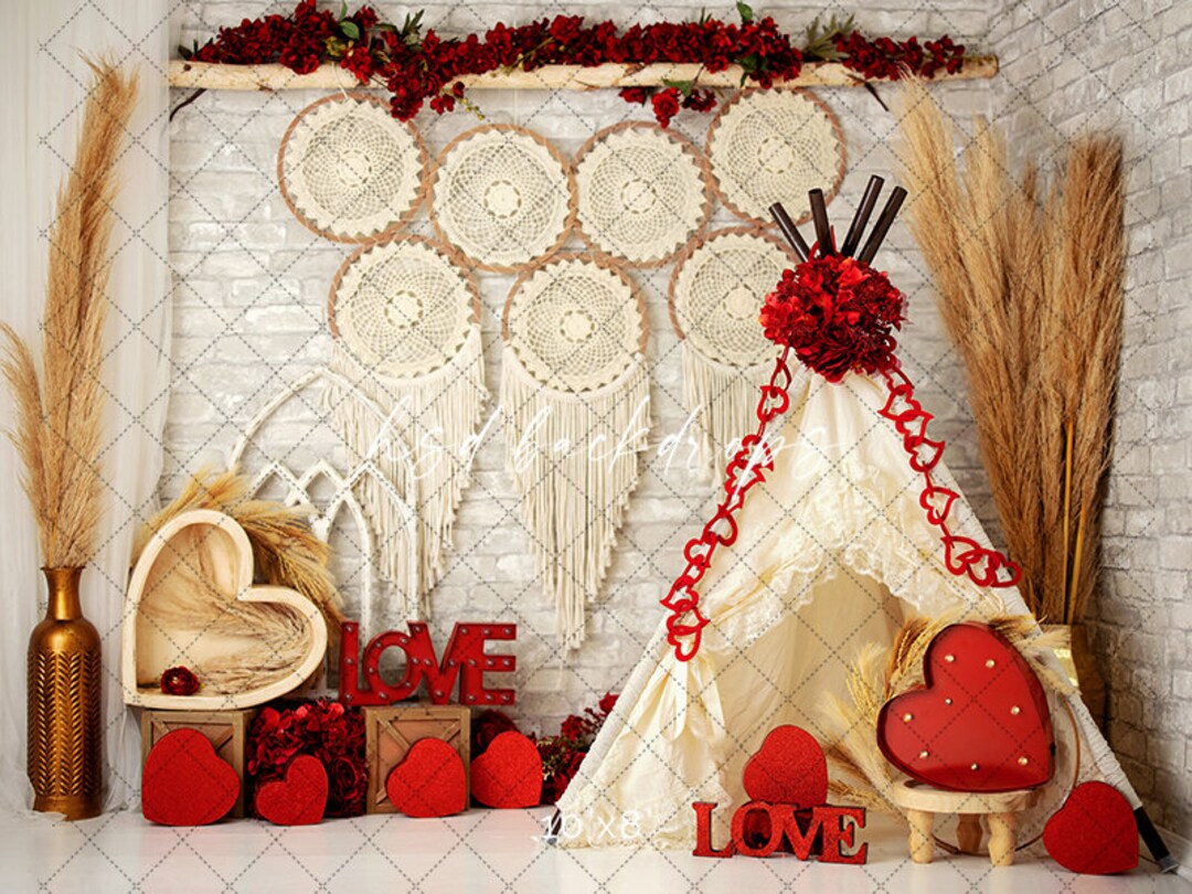 Boho Valentine Backdrop for Photography, Valentines Day Photo Backdrop