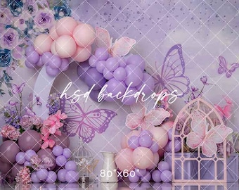 Toile de fond papillon gâteau fracassé fille - premier anniversaire gâteau smash fond photo - toile de fond photo ballon imprimé - accessoires photo WHM662 LPS