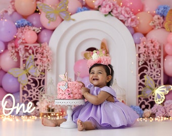 Butterfly Arch Photography Backdrop - Girls 1st Birthday Photo Backdrop - Printed Balloon Cake Smash Background Photography WHM434 PBP