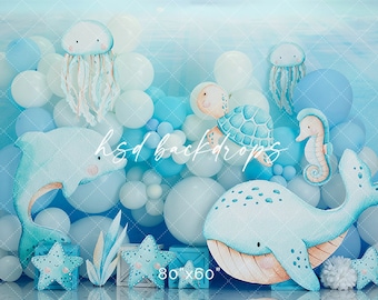 Under the Sea Cake Smash Backdrop - 1st Birthday Backdrop - Boy Cake Smash Background Photography - Whale  Backdrop WHM311 ERP