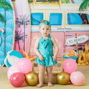 Beach Scene Backdrop - Beach Theme Backdrop Van - Tropical Summer Photography Backdrop - Cake Smash - Studio Portrait Backdrop - SMR382
