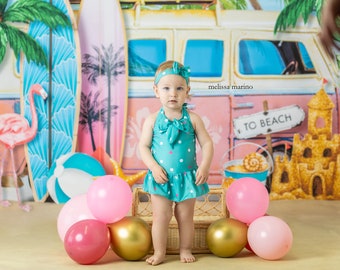 Beach Scene Backdrop - Beach Theme Backdrop Van - Tropical Summer Photography Backdrop - Cake Smash - Studio Portrait Backdrop - SMR382