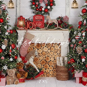 May include: Christmas backdrop featuring decorated trees either side of a fireplace. The trees are decorated with red and white baubles and lights. A fireplace mantel displays a wreath, lantern, and stocking. Presents and a rocking horse are at the base.