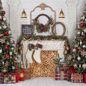 Christmas Fireplace Backdrop for Photography, Christmas Photo Backdrop, Christmas Background, Christmas Tree Backdrop Holiday CHS500