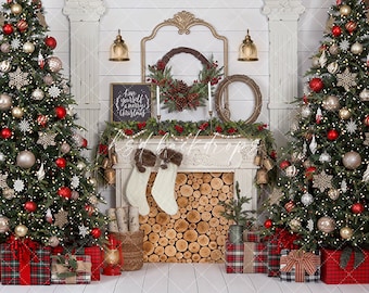 Christmas Fireplace Backdrop for Photography, Christmas Photo Backdrop, Christmas Background, Christmas Tree Backdrop Holiday CHS500