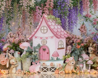 Décor de gâteau smash cottage féerique, fond rose boisé premier anniversaire Photo, accessoire de jardin féerique bébé fille WHM949