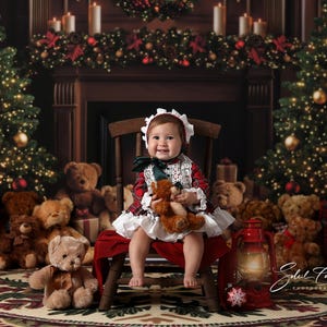 Teddy Bear Christmas Fireplace Backdrop for Photography, Christmas Tree Backdrop, Holiday Background, Winter Backdrop for Pictures CHS649