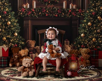 Teddy Bear Christmas Fireplace Backdrop for Photography, Christmas Tree Backdrop, Holiday Background, Winter Backdrop for Pictures CHS649