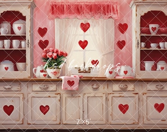 Valentines Day Kitchen Photo Backdrop, Backdrop for Photography, Backdrop for Pictures, Portrait Background, Valentines Props VD269