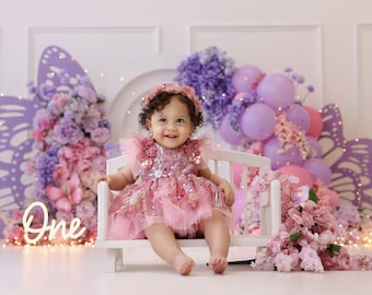 Floral Balloon Arch Cake Smash Backdrop - 1st Birthday Backdrop - Girl Cake Smash Background Photography - Butterfly Backdrop WHM406 PBP