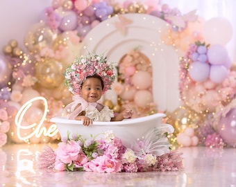 Violet Floral papillon gâteau Smash toile de fond fille - 1er anniversaire de fond photographie - accessoires photo - toile de fond photo imprimée WHM539 RPP