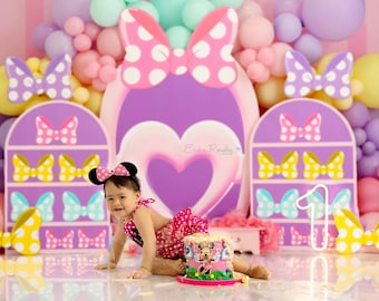 Toile de fond Bowtique anniversaire - toile de fond thème noeud - toile de fond photographie imprimée - Cake Smash toile de fond fille mis en place toile de fond WHM333 ERP