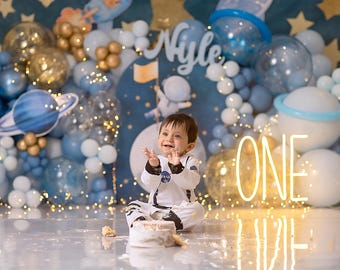 Toile de fond Smash pour 1er anniversaire du futur astronaute - 1er anniversaire de garçon - futur astronaute - fond de séance photo - accessoires photo - WHM591 RPP