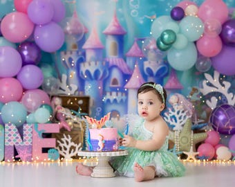 Sirène thème gâteau smash toile de fond fille - 1er anniversaire gâteau smash fond photo - décor photo château sirène - accessoires photo WHM649 PBP