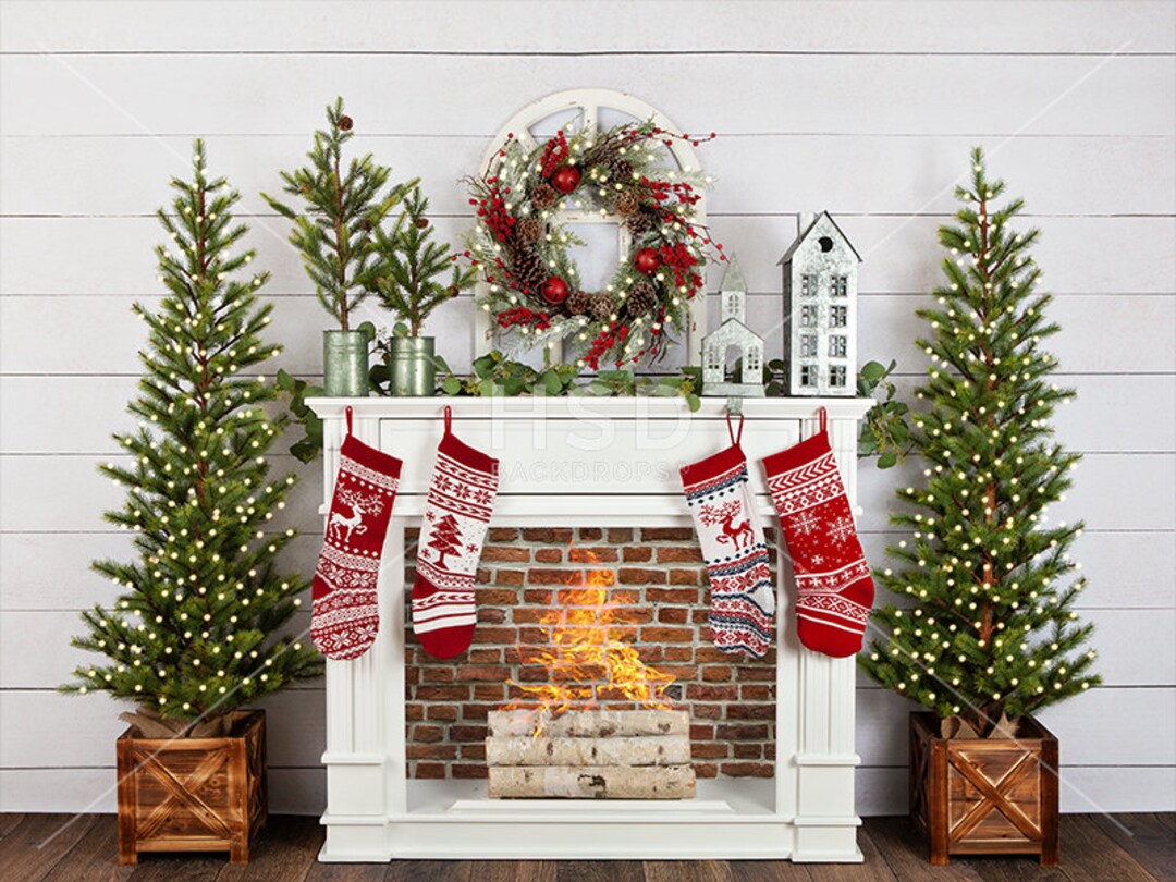 Christmas Fireplace Photo Backdrop, Christmas Photography Backdrop