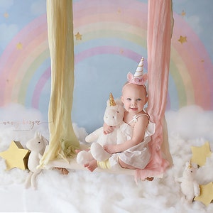 Pastel Rainbow Photography Backdrop Vinyl Canvas, Unicorn Birthday Backdrop Clouds, Photography Background Girls Photo Backdrop WHM141 image 1