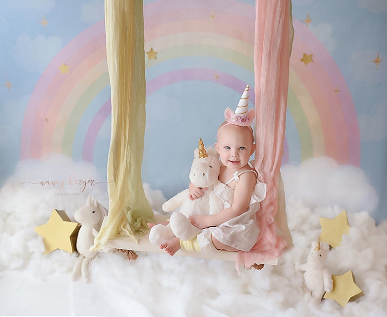 Pastel Rainbow Photography Backdrop Vinyl Canvas, Unicorn Birthday Backdrop Clouds, Photography Background Girls Photo Backdrop WHM141 image 1