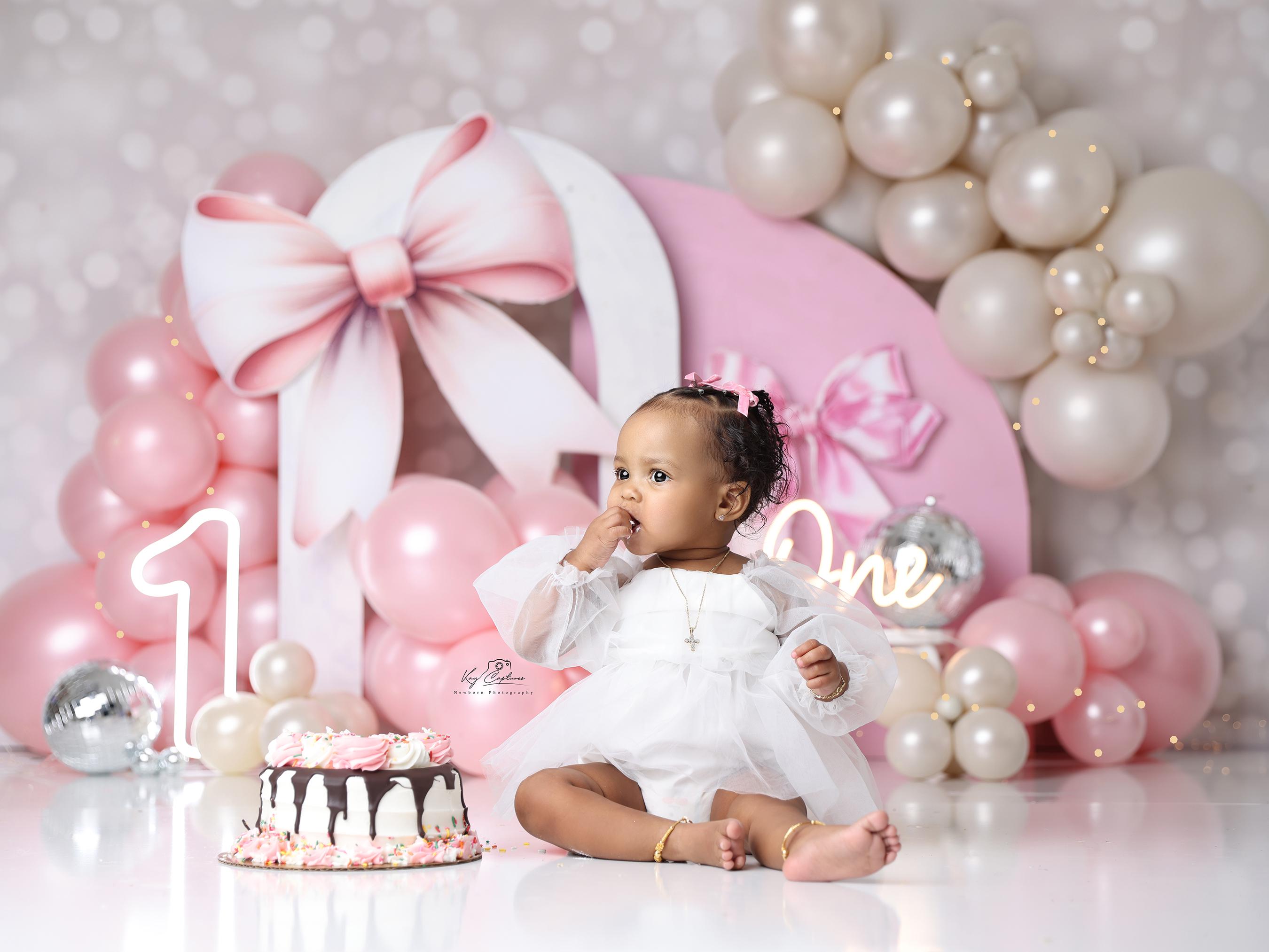 Pearls & Pink Bows Cake Smash Backdrop - 1st Birthday Backdrop - Girl Cake Smash Background Photography -  Backdrop WHM670 KCK