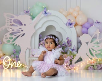 Décor de gâteau féerique smash, papillon pastel premier anniversaire Photo de fond, accessoire d'anniversaire jardin féerique bébé fille WHM953