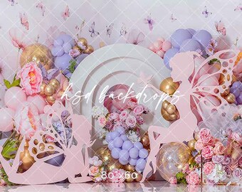 Décor de gâteau fracassant fée fille - Fée premier anniversaire gâteau fracassé fond photo - Toile de fond photo ballon imprimé - Accessoires photo WHM660 RPP