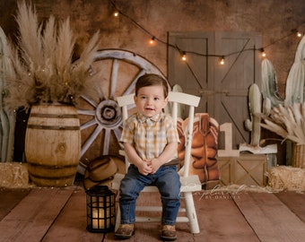 Cowboy Cake Smash Backdrop –  Cactus Western Theme 1st Birthday –  Boy Photo Backdrop – Printed Fabric or Poly Paper WHM249 CBDP