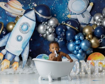 Outer Space Theme Cake Smash Backdrop - Astronaut Birthday Backdrop - Backdrops for Cake Photography - Cake Smash Background Boy WHM343 KWP
