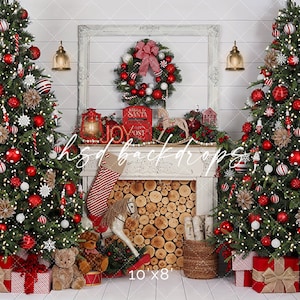 May include: A Christmas-themed backdrop with two decorated trees adorned with red and white baubles, lights, and presents. A fireplace with a wreath, lantern, and stocking is in the centre. The text "hsd backdrops" and "10'x8'" are visible.
