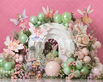 Fairy Party Cake Smash Backdrop Girl - 1st Birthday Cake Smash Photography Background - Cake Smash Props - Printed Photo Backdrop WHM563 RPP