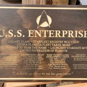 Star Trek USS Enterprise D Dedication plaque Reimagined Wood 16x12