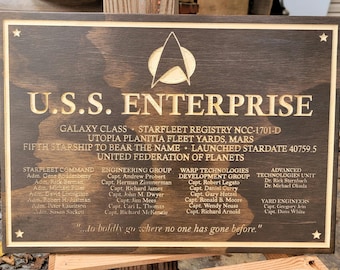 Placa de dedicación del USS Enterprise D de Star Trek, madera reinventada, 16 x 12