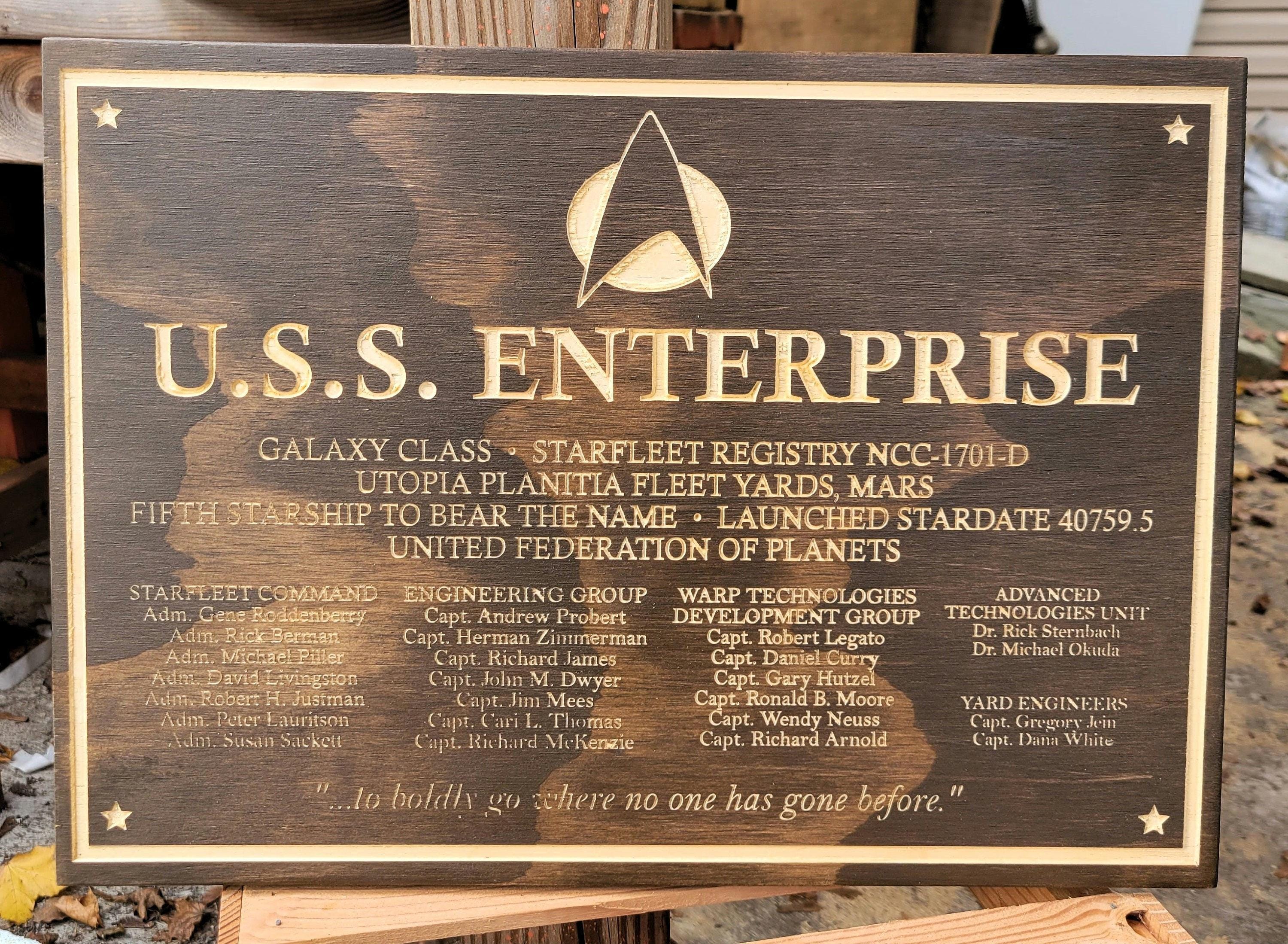 Star Trek USS Enterprise D Dedication Plaque Reimagined Wood 16x12