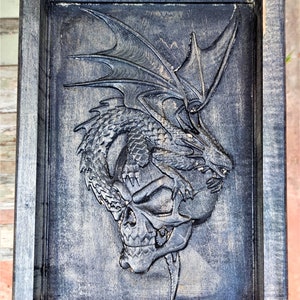Dragon Skull Valet Catchall Dump Tray 3D wood carving Black Maple wood 14x10