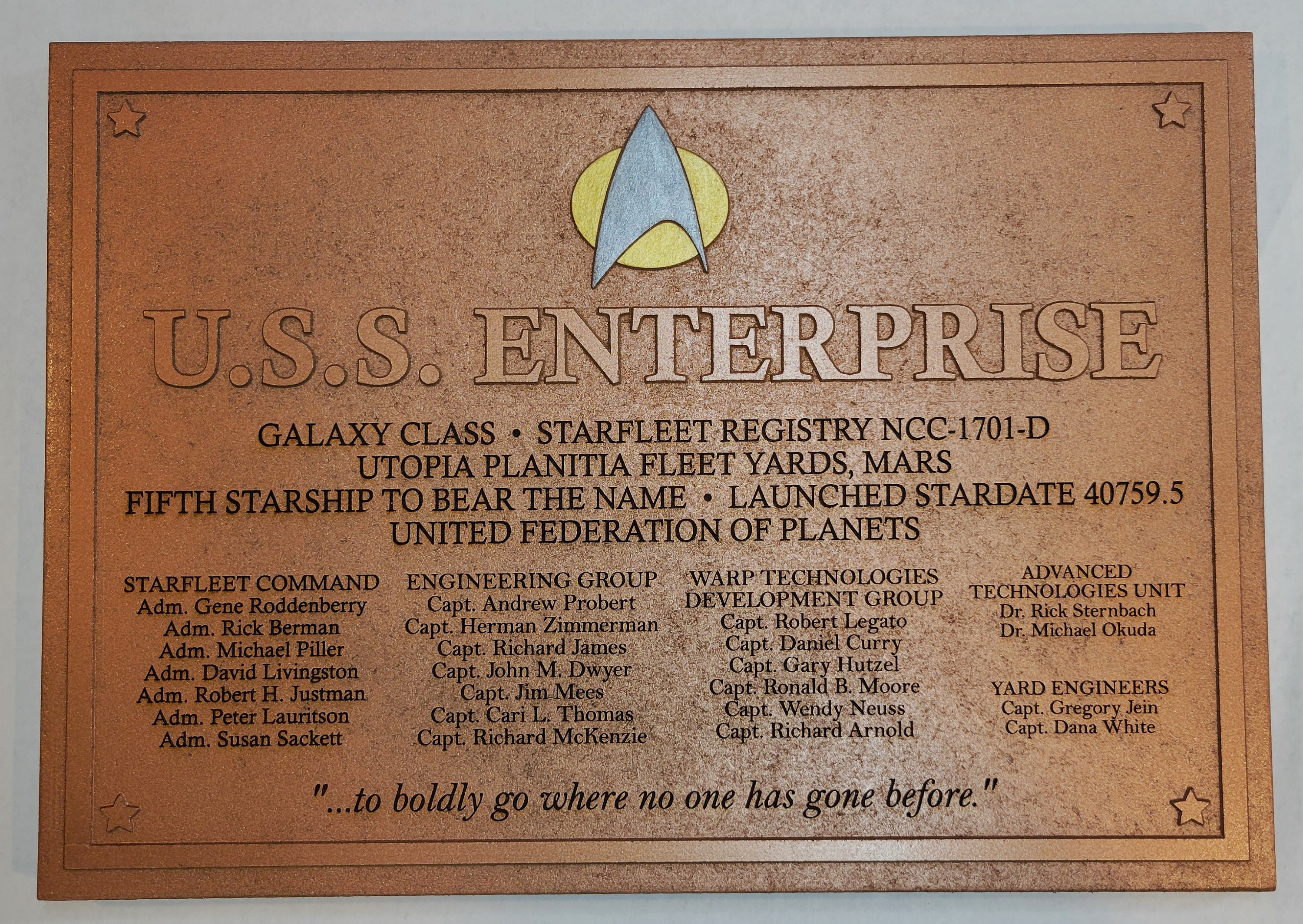 Star Trek USS Enterprise D Dedication Plaque Replica MDF 16x12 NCC