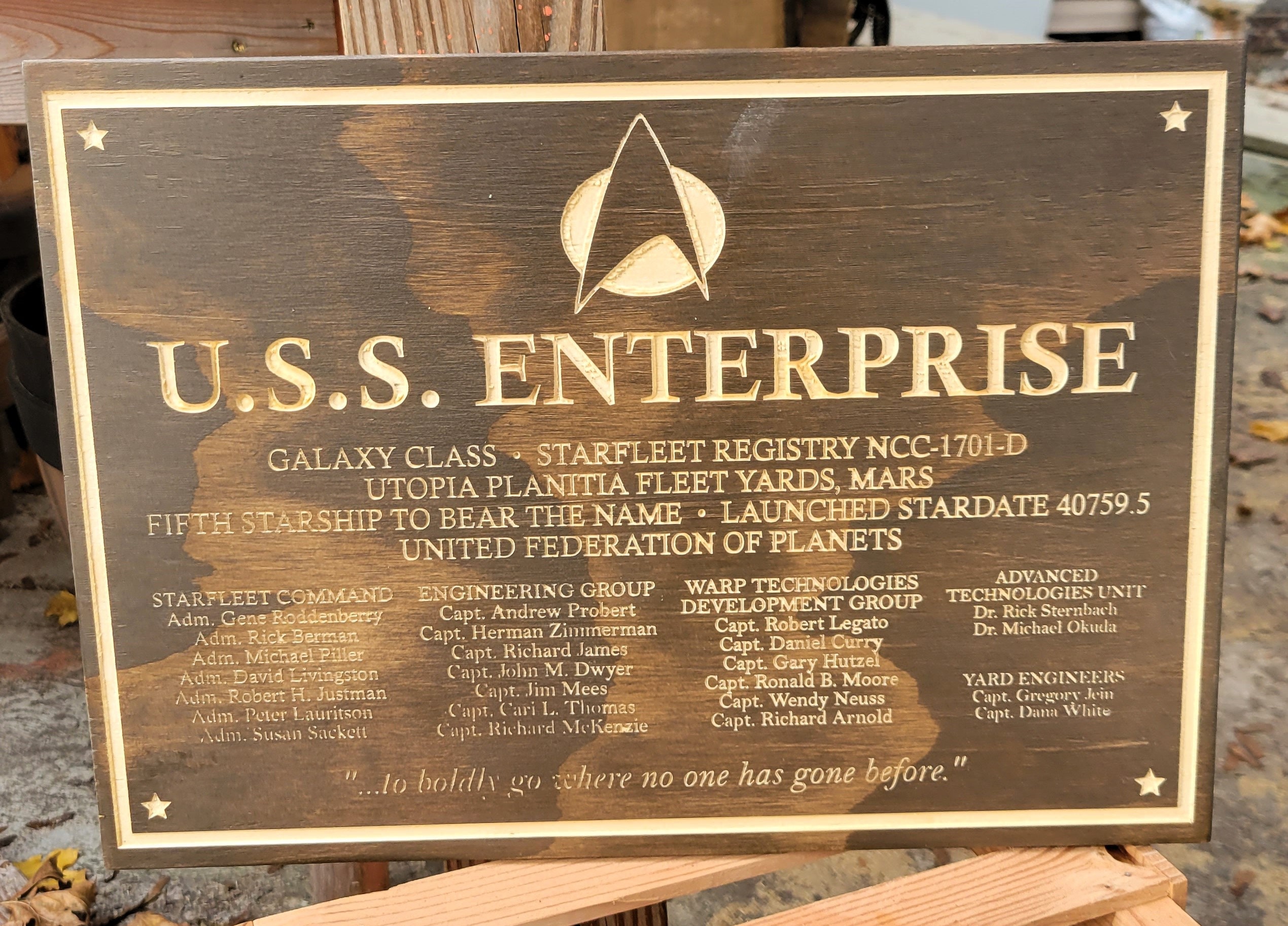 Star Trek USS Enterprise D Dedication Plaque Reimagined Wood 16x12