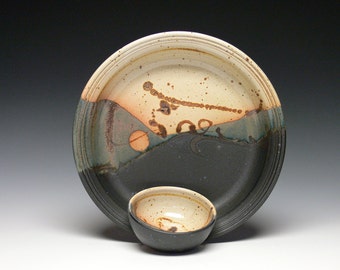 Hand Thrown Chip and Dip Set, Pottery Chip Dip, Stoneware Serving Dish, Appetizer Dish, Pie Plate, Quiche Dish
