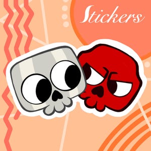Peut inclure: Deux autocollants de crânes de dessins animés. L'un est gris avec des yeux noirs, l'autre est rouge avec une expression sévère. Le mot "Stickers" est écrit en script blanc sur un fond pêche avec des formes géométriques.