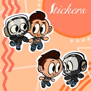 Puede incluir: Pegatinas de dibujos animados con dos personajes, uno con una máscara de calavera y auriculares, el otro con cabello castaño y barba. Las pegatinas están sobre un fondo melocotón con la palabra "Stickers" en blanco.