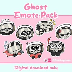 May include: A pink background with a collection of cartoon skull emotes. Each skull has a white sailor hat and headphones. The emotes display various expressions, including sad, happy, and sleeping. Text at the top reads "Ghost Emote-Pack" and "Digital download only" at the bottom.