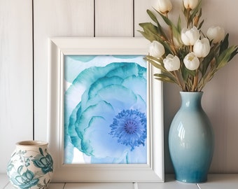 Flower Print Wall ART - Teal and Blue Flower Print  -  Digital Print - Wall Art - Flower Art - A3 Flower Print