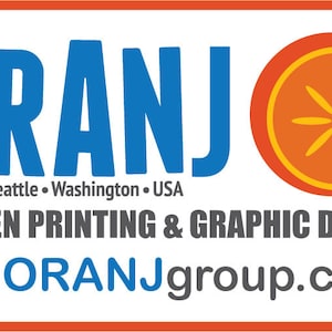 May include: A logo for a company called "ORANJ" that provides screen printing and graphic design services. The logo features the word "ORANJ" in blue letters, a stylized orange slice, and the text "Seattle &bull; Washington &bull; USA". The company's website is "theORANJgroup.com".