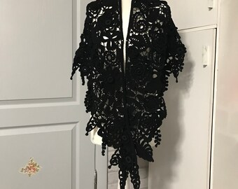 Black shawl Irish crochet Oversized scarf Size 67" x 16"